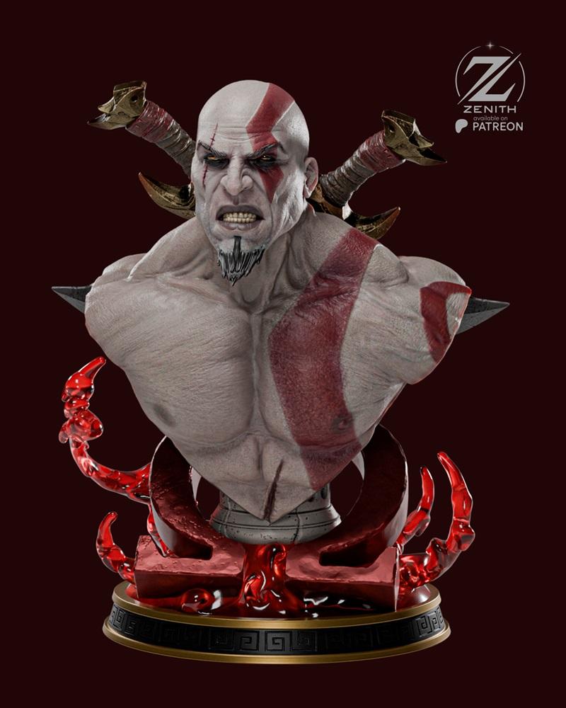 Zenith Studios Kratos bust 3D model, featuring a fierce expression, red facial markings, crossed blades, and a blood-...