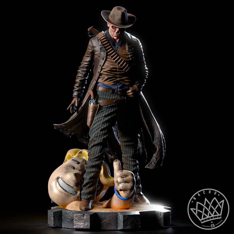 The Ghoul from Fallout, depicted as a 3D printable statue by Nacho CG. He wears a cowboy hat, duster coat, and bandol...