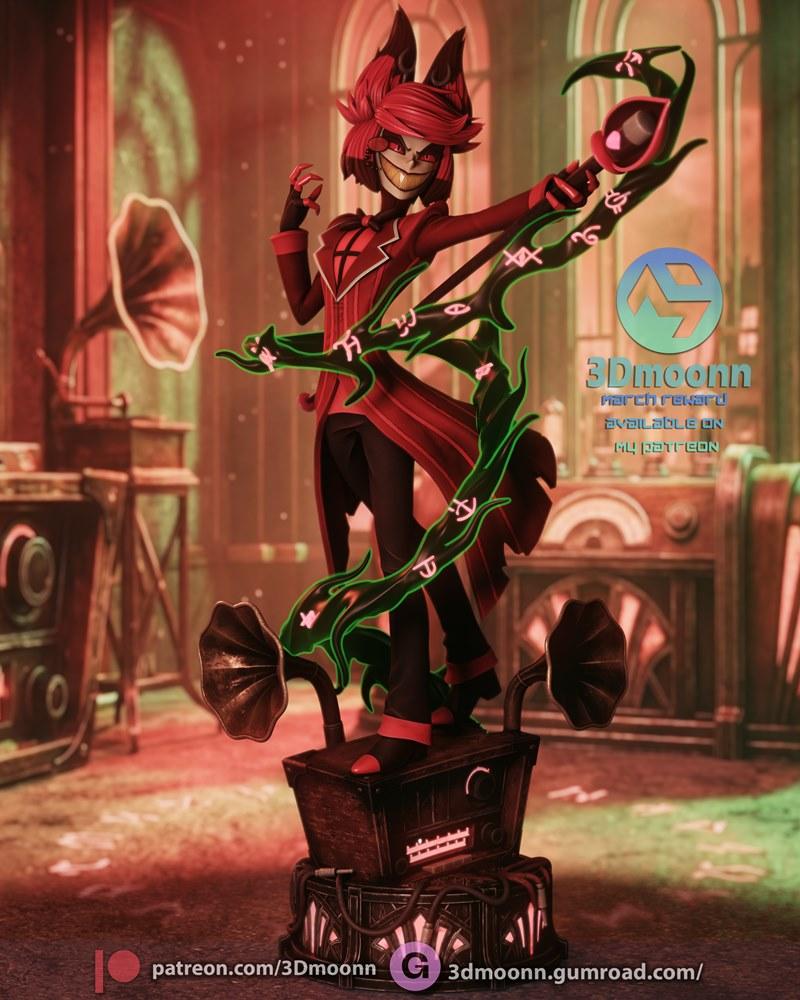 3D model of Alastor from Hazbin Hotel, wearing a red suit and holding a glowing staff, standing on an antique radio b...