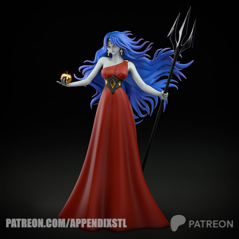 Anime-style 3D model of Eris, goddess of discord, holding a golden apple and a trident. She wears a red gown and has...