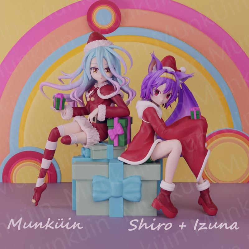 Izuna Hatsuse and Shiro from No Game No Life in Christmas outfits, sitting on gift boxes. Izuna has blue hair, Shiro...