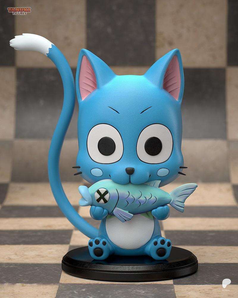 Blue cat character Happy from Fairy Tail, holding a fish, sitting on a black base. Model by Tanuki Figures.