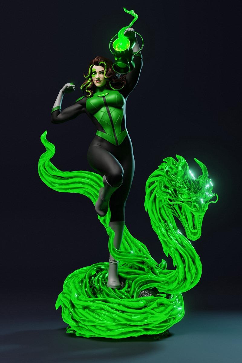 Jessica Cruz Green Lantern 3D model, holding a glowing green lantern, standing on a green energy dragon construct. De...
