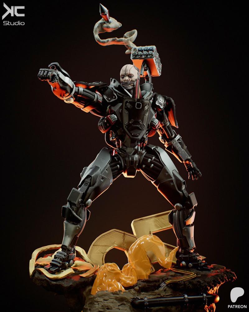 Adam Smasher 3D model figure in combat pose, wearing dark cybernetic armor with a missile pod on his back, standing o...