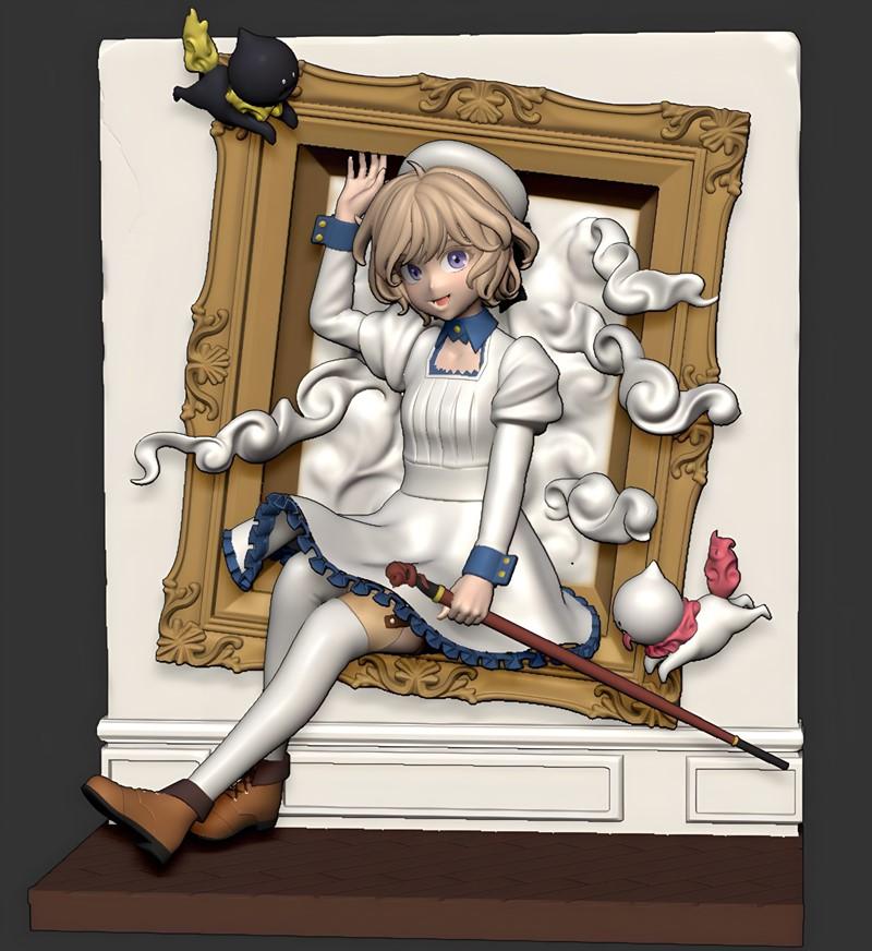 Kotoko Iwanaga 3D model from Kyokou Suiri, sitting with cane, framed by gold, with two stylized cat companions and cl...