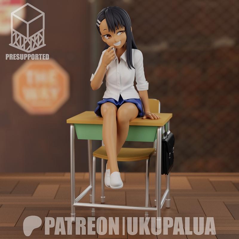 3D model figure of Hayase Nagatoro from Ijiranaide, Nagatoro-san, wearing a school uniform and sitting on a desk.