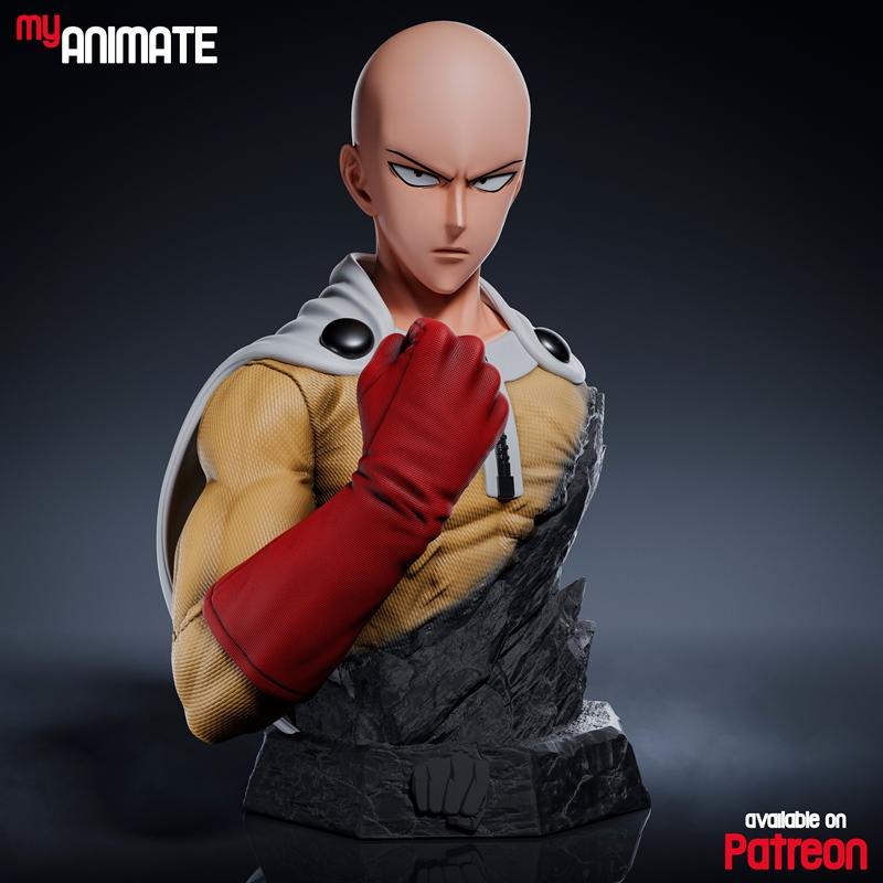 Bust of Saitama from One-Punch Man, wearing yellow suit, red gloves, and white cape, on a rocky base. Studio MyAnimate.