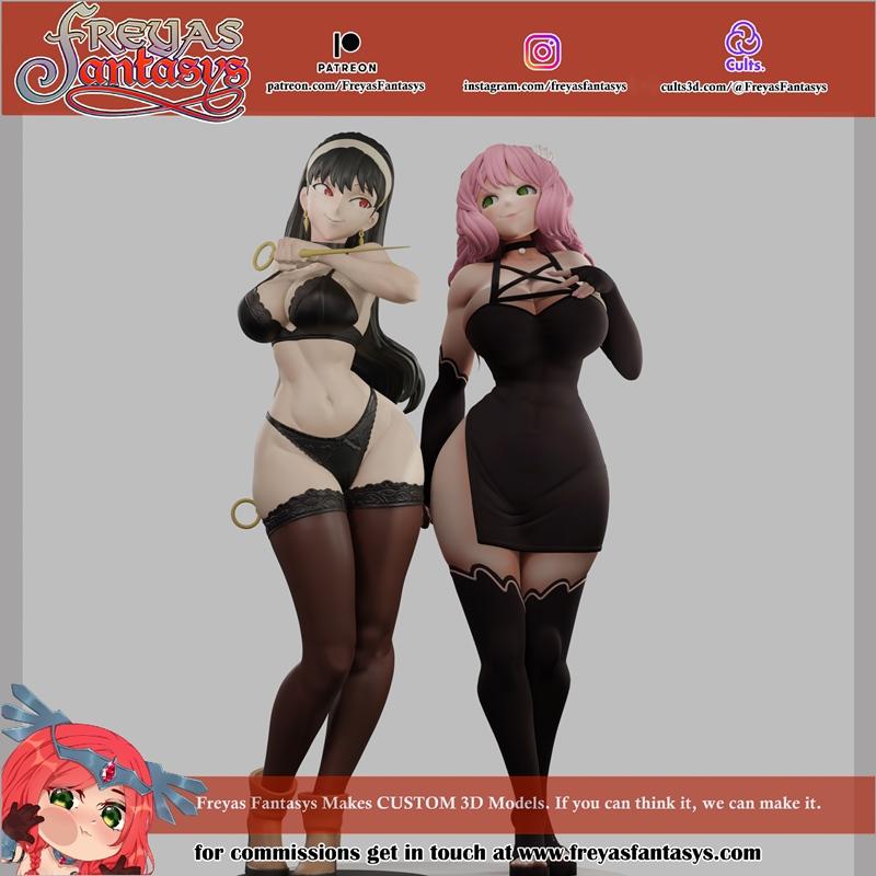 3D model of Anya and Yor from Spy x Family, posed in lingerie and black outfits. Anya wears a lace set, Yor a dress a...