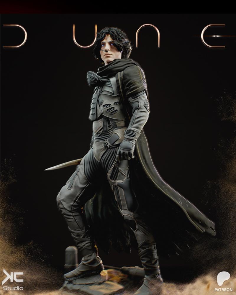 Paul Atreides figure from Dune, wearing detailed sci-fi armor and a cape, holding a dagger. Modeled by KcStudio.
