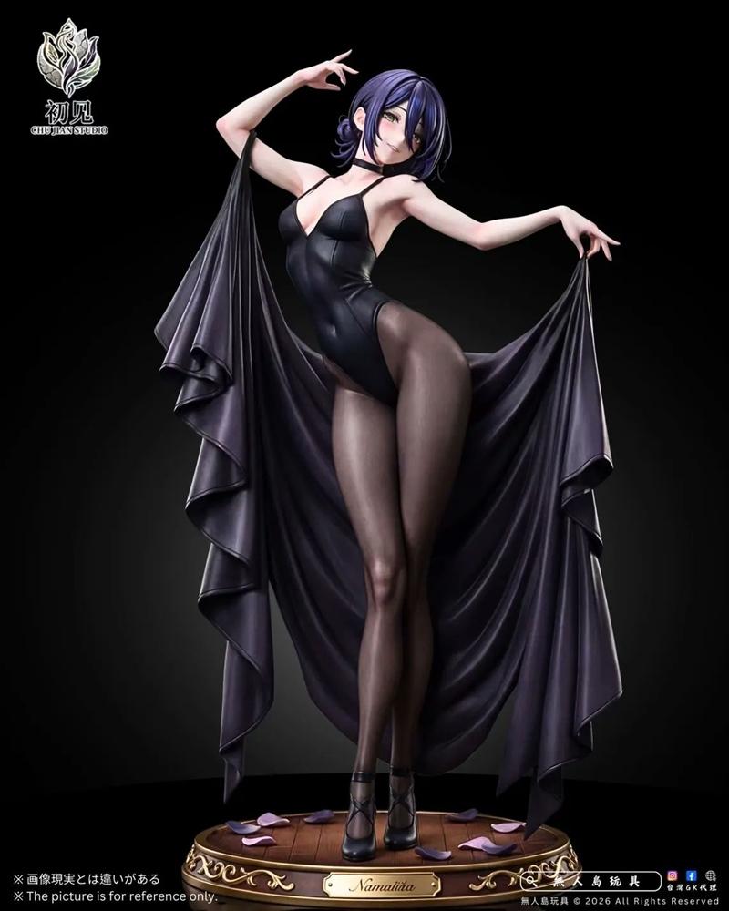 Reze statue from Chainsaw Man by Chujian Studio, wearing a black leotard and stockings, holding a dark flowing fabric...