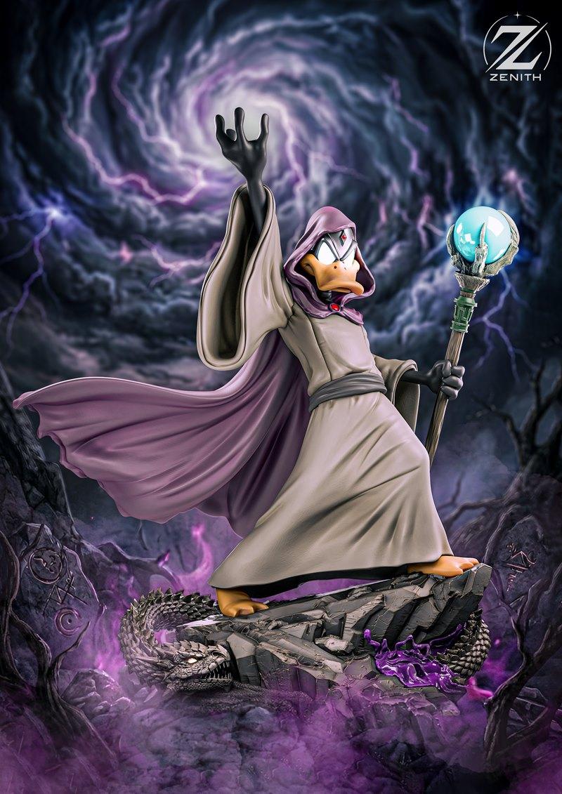 Daffy Duck as a wizard figure, wearing a hooded robe and holding a magic staff, standing on a dragon-shaped rock base...