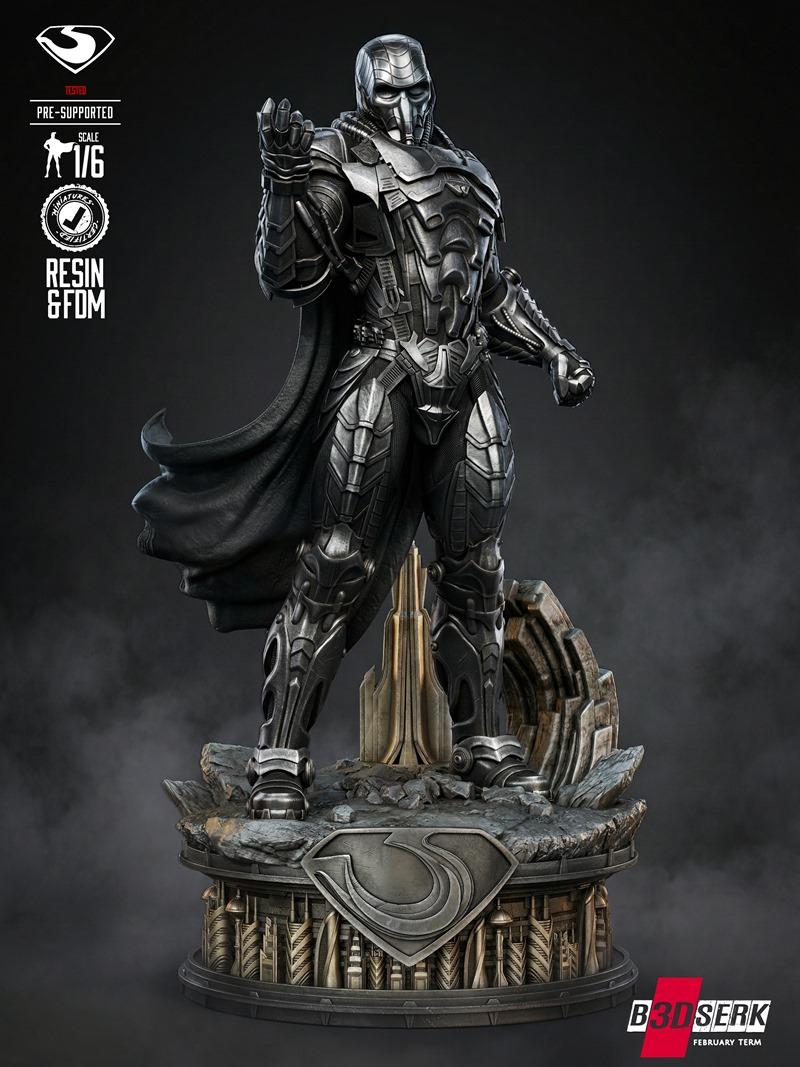 General Zod 1:6 scale 3D print model by B3DSERK, wearing intricate black armor and a cape, standing heroically on a d...