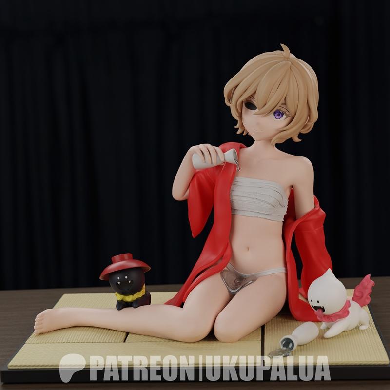 3D model of Kotoko Iwanaga from Kyokou Suiri, seated in a red robe and transparent undergarments, holding a bottle. T...