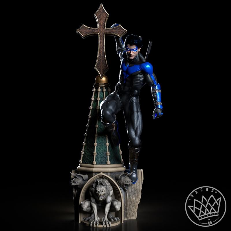 Nightwing 3D model statue on a gothic base with gargoyles and a cross, by Nacho CG.