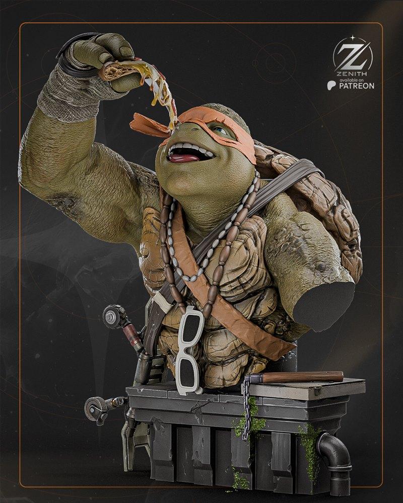 Zenith Studios Michelangelo TMNT bust, a turtle character with an orange bandana eating pizza, holding nunchucks, det...