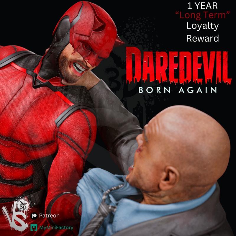 Daredevil in red suit striking Kingpin, who is in a blue shirt and tie, with blood effects. Text reads "DAREDEVI...