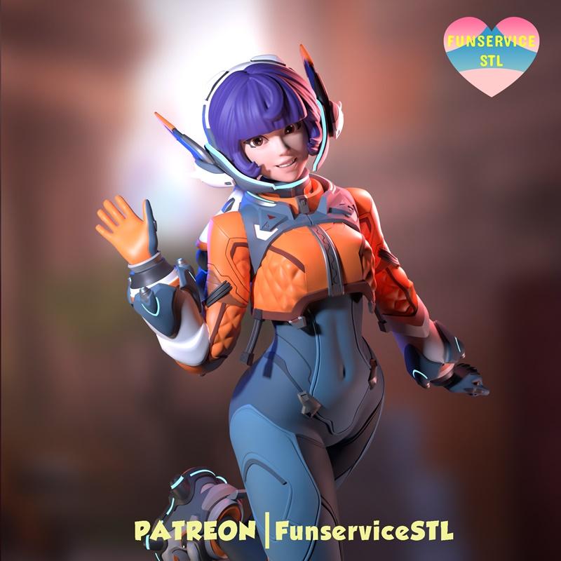 Funservice 3D model of Juno from Overwatch, wearing a futuristic orange and blue astronaut suit, with purple hair and...