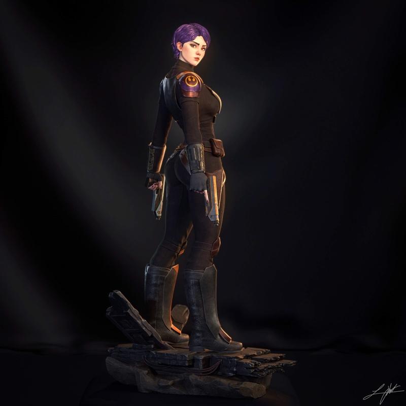 Sabine Wren 3D model in black tactical suit with purple hair, holding two blasters, standing on a rocky base. Rebel A...