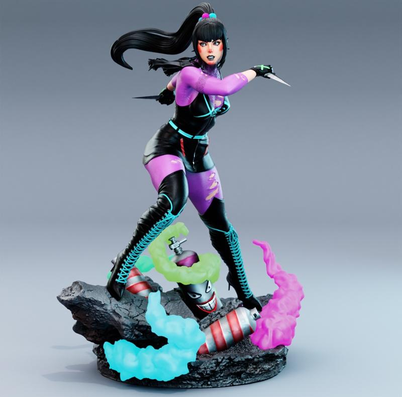 Punchline DC Comics 3D model figure by BrunoArt3D, in an action pose with knives, standing on a rocky base with color...