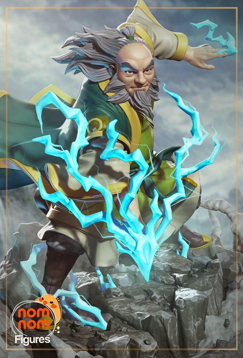 3D model of Uncle Iroh from Avatar: The Last Airbender, mid-action, generating blue lightning with his hands, wearing...