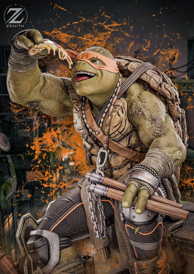 Michelangelo from Teenage Mutant Ninja Turtles, orange bandana, holding a slice of pizza, nunchucks at his side, deta...