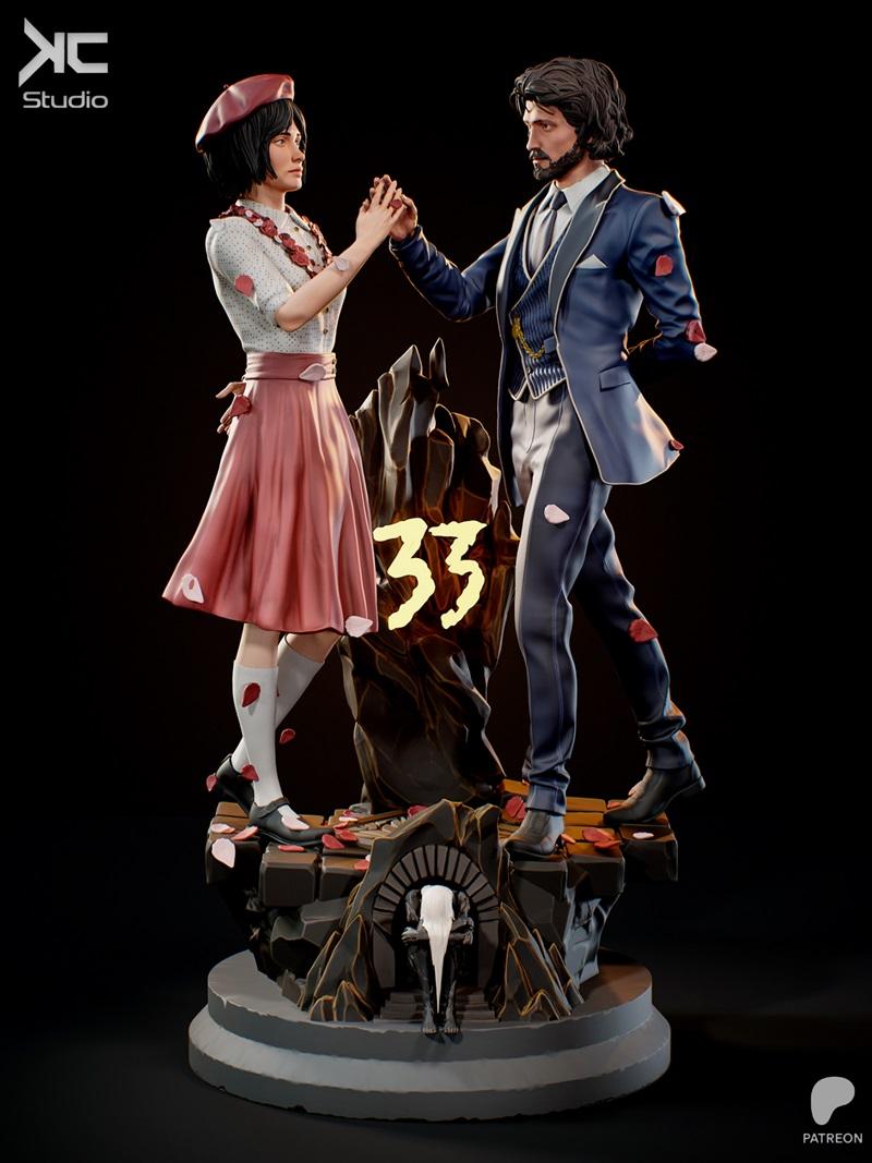 3D diorama of a couple, Gustave and Sophie, dancing, dressed in vintage attire, on a rocky base with rose petals and...