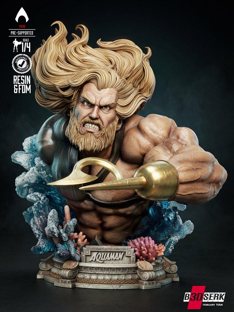 B3DSERK 1:4 scale Aquaman bust 3D model, featuring a muscular superhero with blonde hair and beard, wielding a golden...
