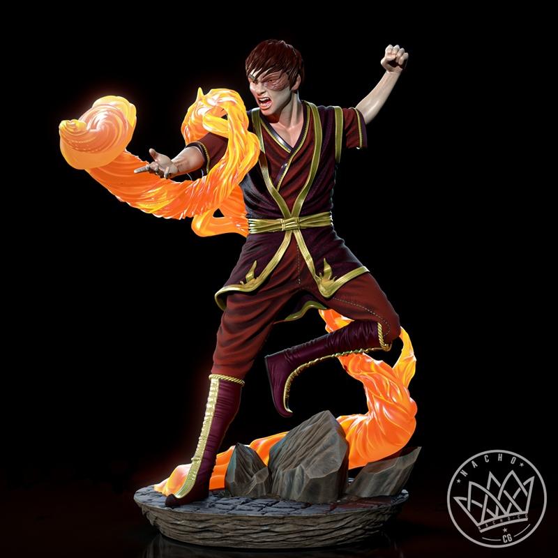 Zuko from Avatar: The Last Airbender statue, mid-firebending attack, wearing maroon and gold robes, with flames erupt...