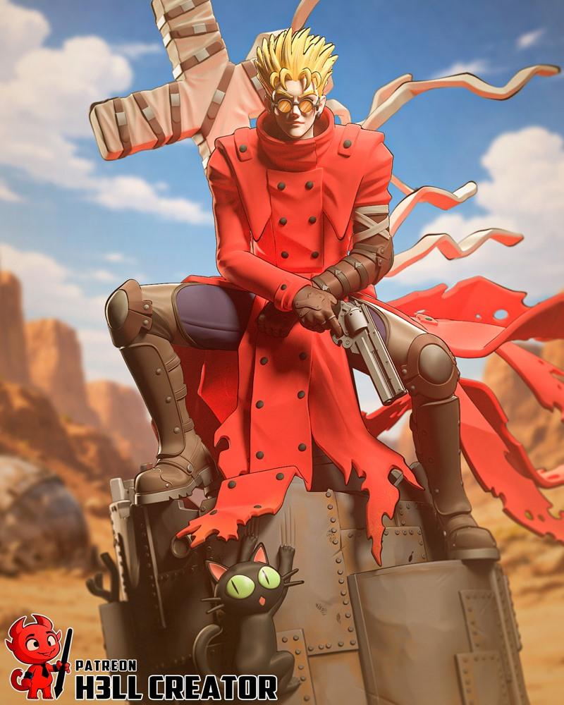 Vash the Stampede figure from Trigun, seated on a metallic base with a black cat, holding a revolver, wearing a red c...