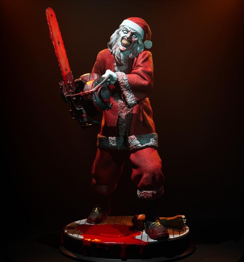 Art the Clown in a Santa suit holding a bloody chainsaw, standing on a blood-splattered base. PolyMind Studio 3D model.