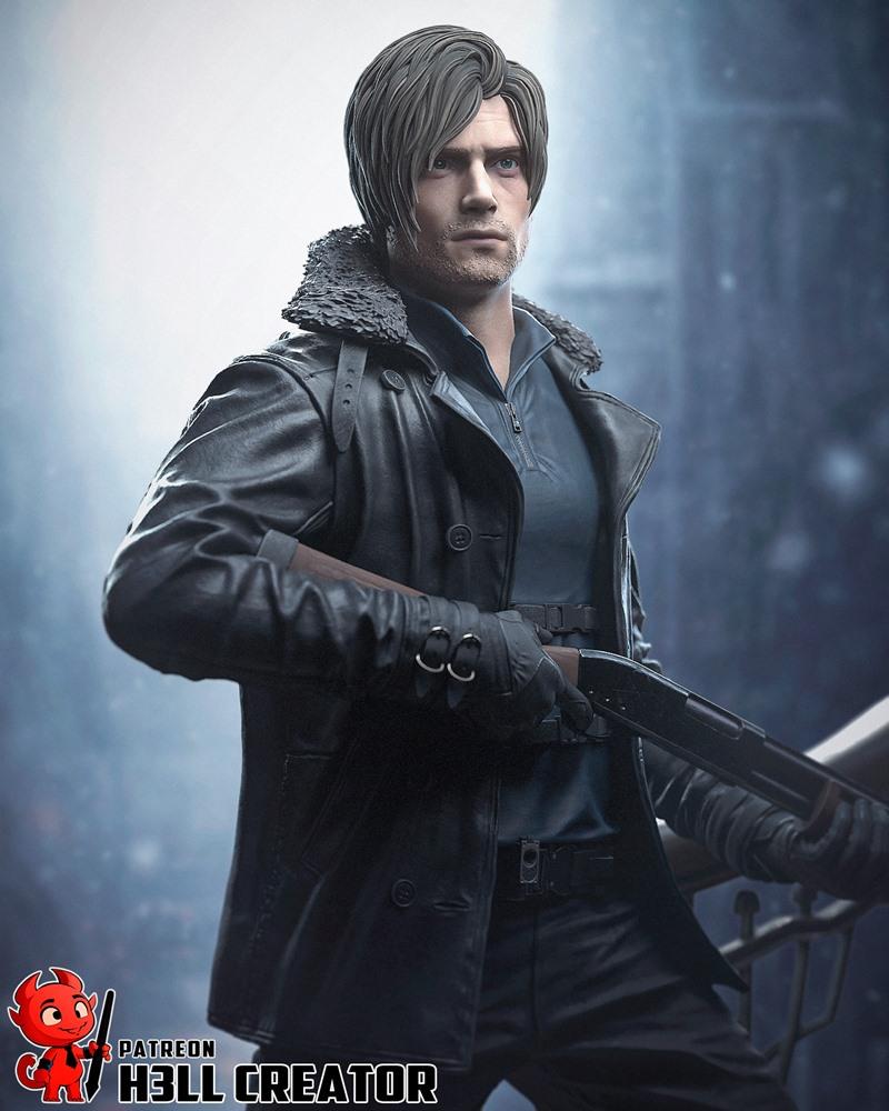 Leon Kennedy from Resident Evil holding a shotgun, wearing a leather jacket with fur collar. 3D model by h3LL creator.