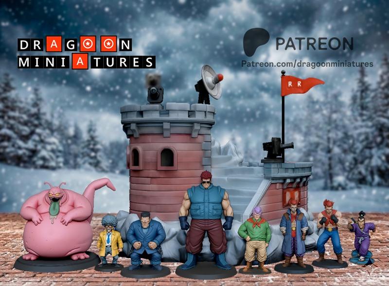 Collection of 3D printed miniatures from Dragoon Miniatures, featuring Red Ribbon Army characters and a winter fortre...
