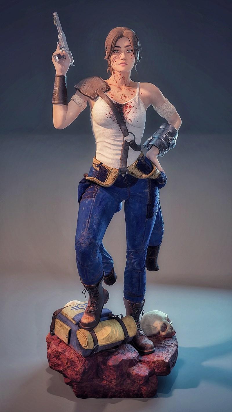 Lucy from Fallout, a female survivor figure, stands on a rocky base with a backpack and skull. She wears a white tank...