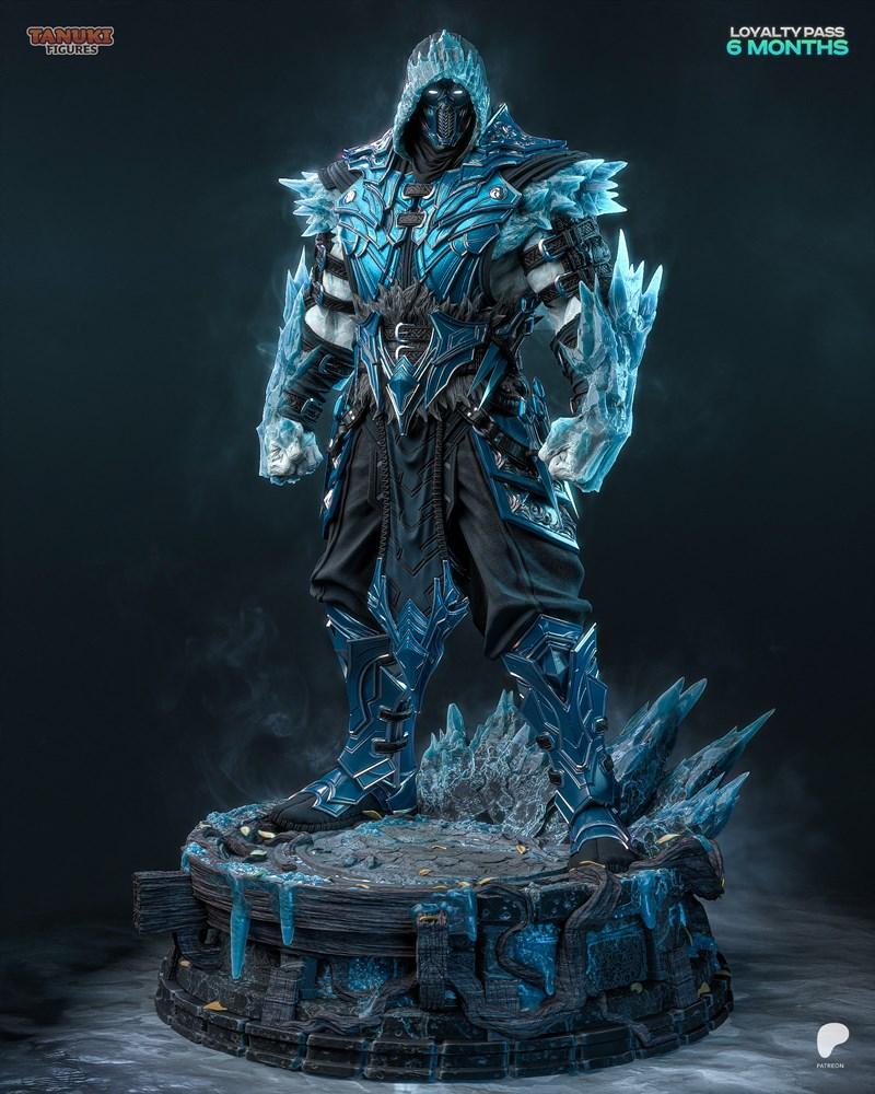 Tanuki Figures 3D model of Sub-Zero from Mortal Kombat, standing on an icy base, wearing blue armor and a hood.