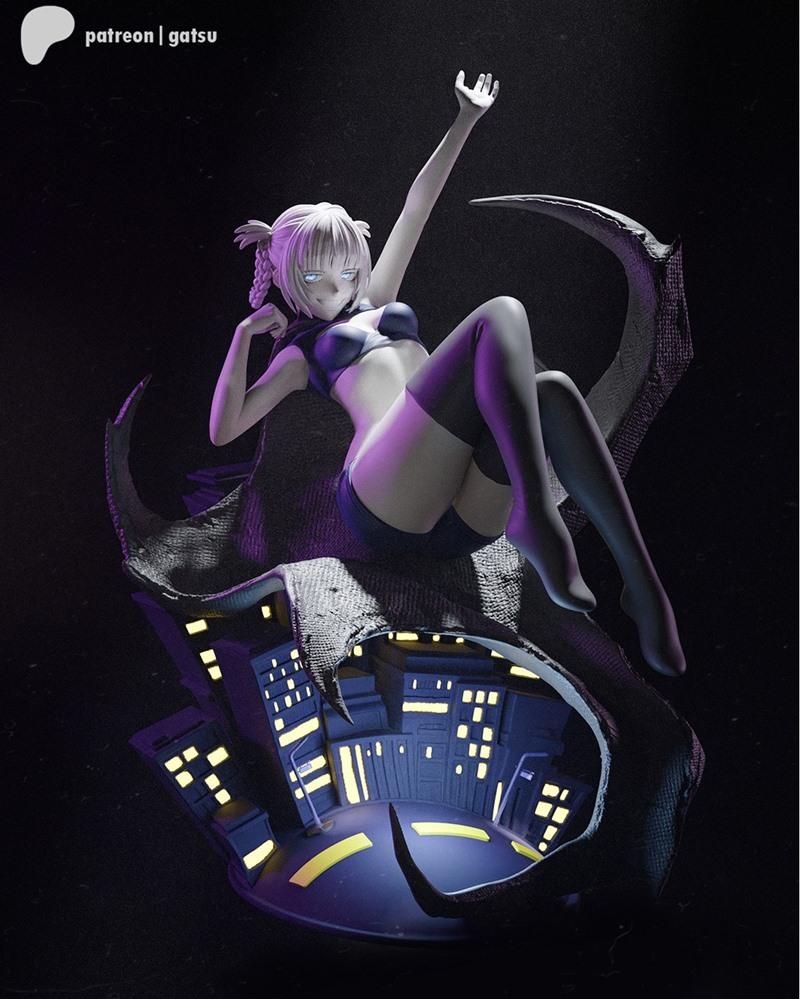 Nazuna character figure in anime style, wearing a dark bikini and thigh-high stockings, posed on a cityscape base wit...