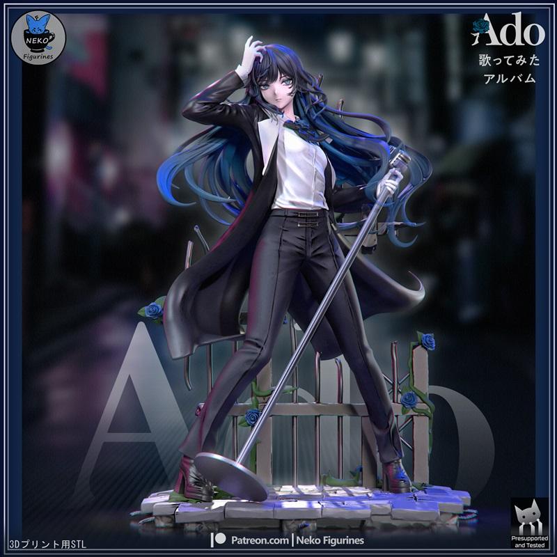 3D model of Chando Ado, an anime-style singer with long blue hair, wearing a suit and holding a microphone on a rose-...