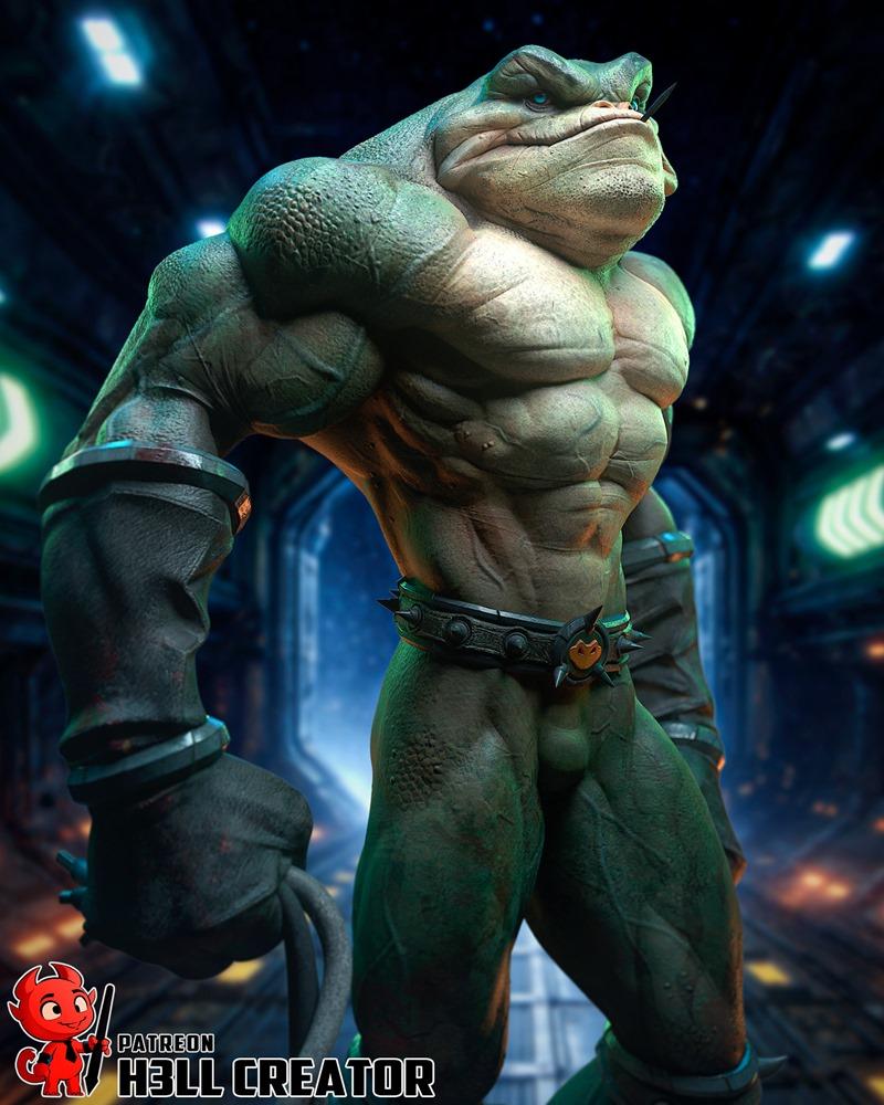 Muscular green frog character Zitz from Battletoads, wearing gloves and a spiked belt, rendered in a realistic 3D mod...