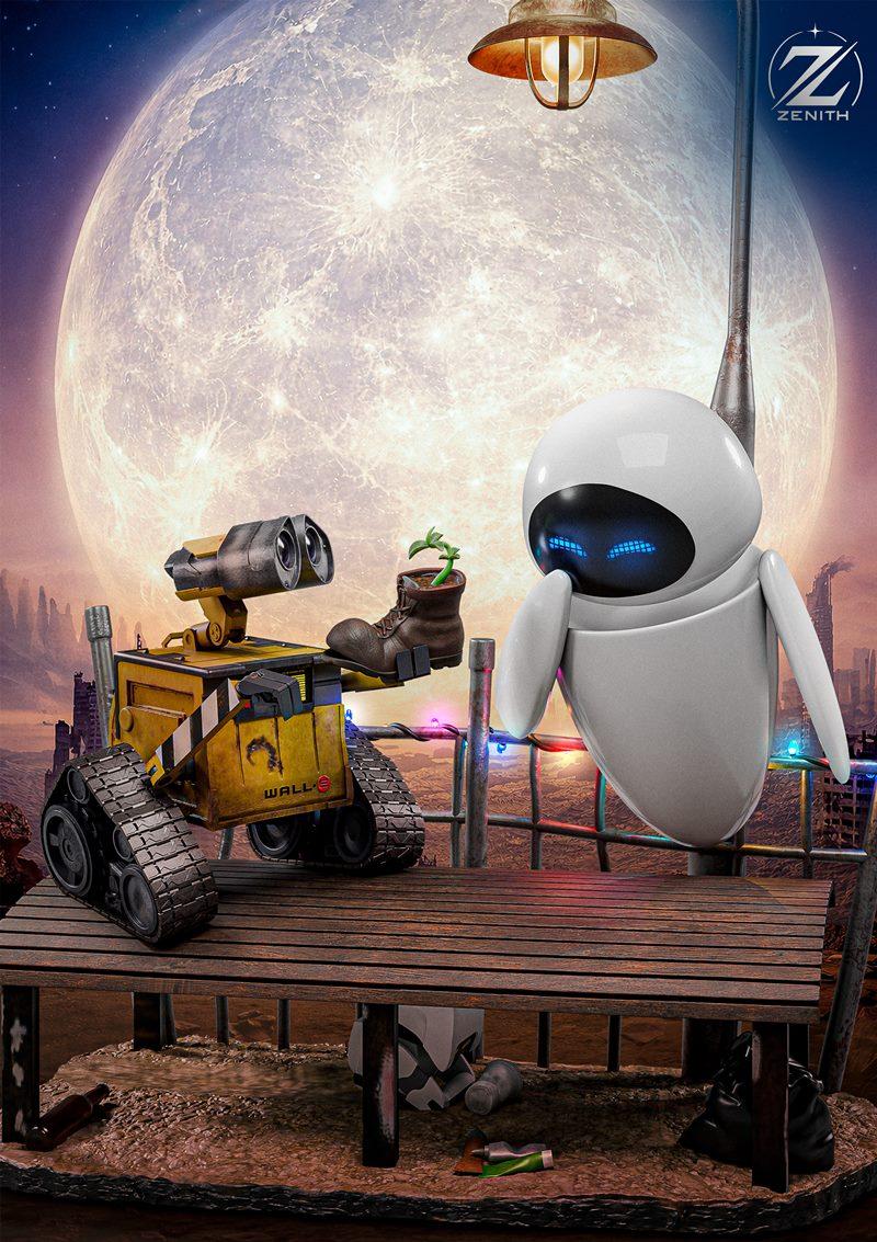 Wall-E robot holding a boot with a plant sprout, next to Eve robot, on a diorama base with a large moon and cityscape...