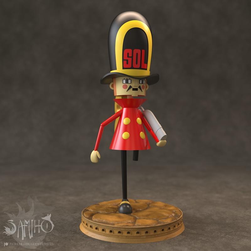 Stylized toy soldier figure with a tall hat, red coat with yellow buttons, and a unique base. Model by Samiho Studios.