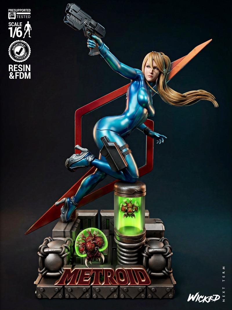 Samus Aran in blue power suit, holding a blaster, in a dynamic pose on a detailed Metroid-themed base with specimen j...