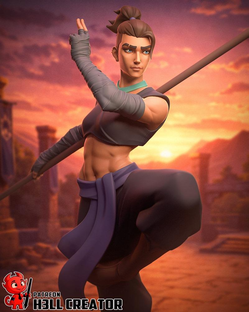Athletic female warrior Beauregard in a combat stance, holding a staff, wearing a cropped top and dark pants, with a...