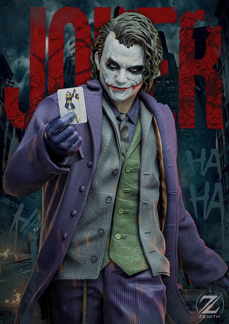 The Joker figure from The Dark Knight, wearing a purple coat, grey vest, and pinstripe pants, holding a playing card....