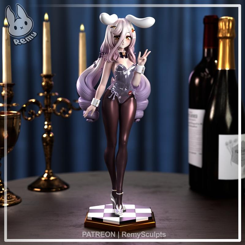 Remy Sculpts Henya 3D model: anime-styled bunny girl in sheer bunny suit, lavender hair, white cuffs, high heels, sta...