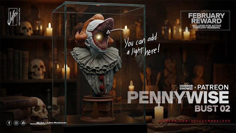 Pennywise the clown bust 3D model, with open mouth showing sharp teeth and a glowing eye, displayed in a glass case w...