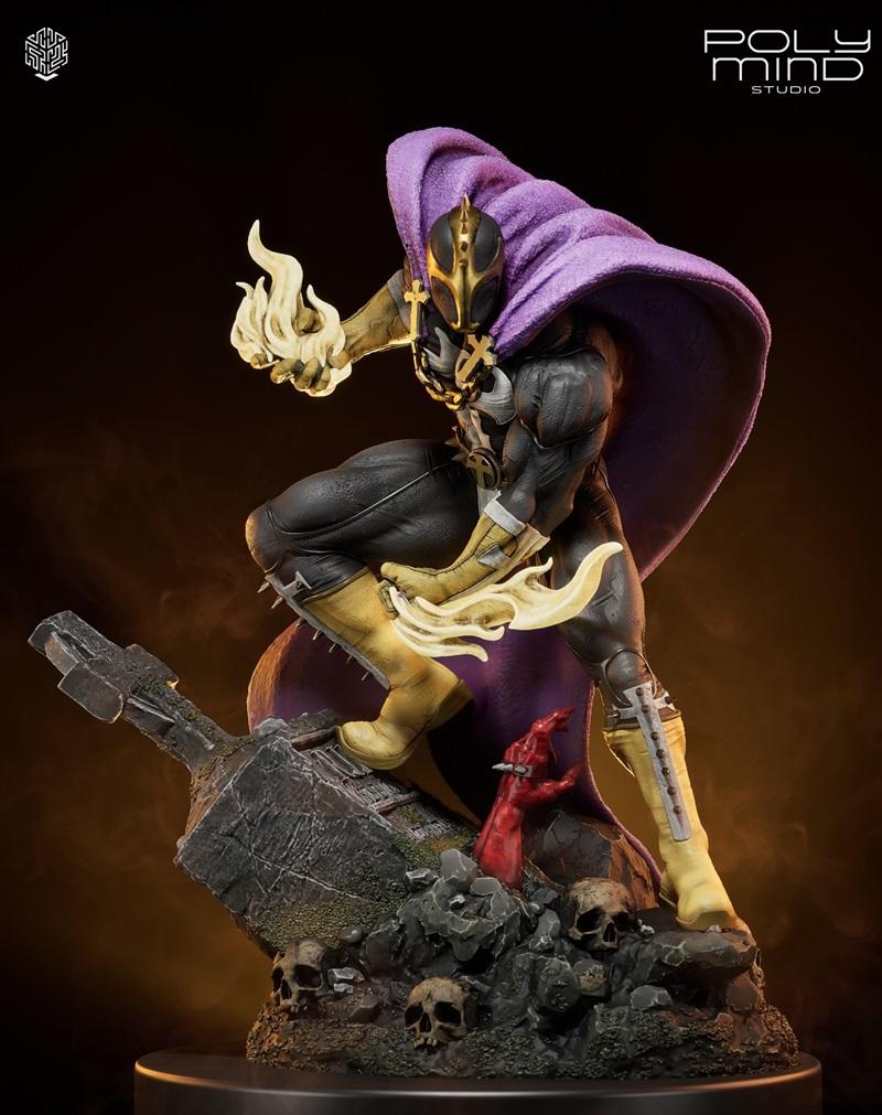 3D printable figure of the Redeemer character by PolyMind Studio, wearing a dark suit, yellow boots, purple cape, and...