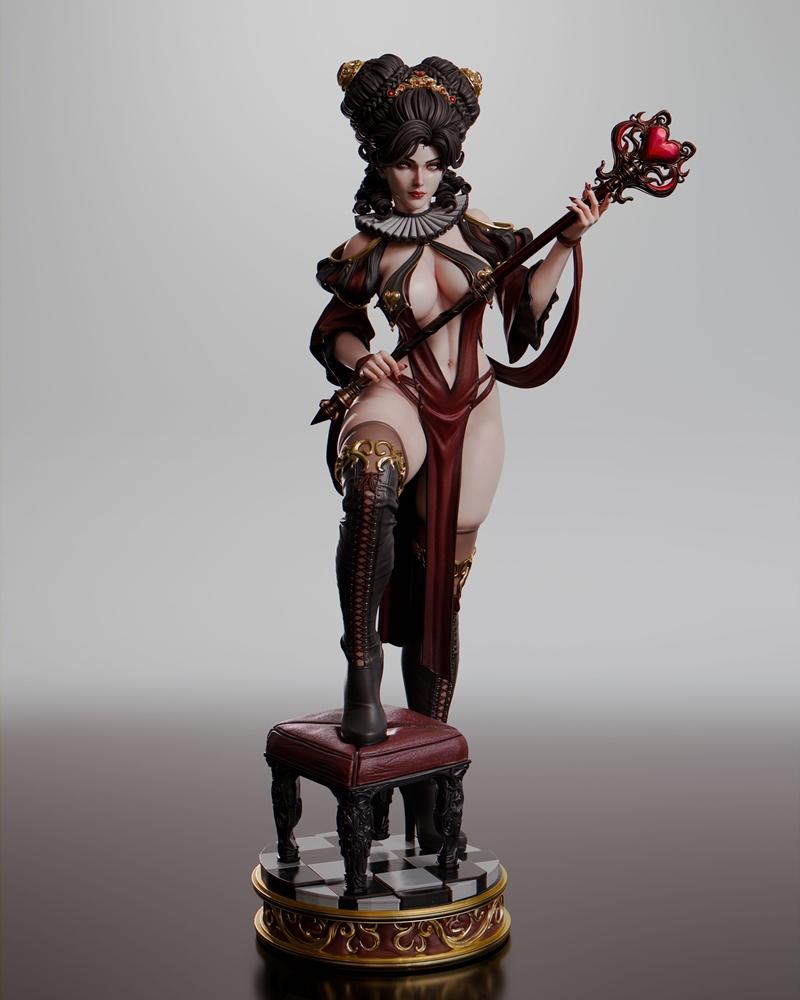 Queen of Hearts 3D model with revealing gothic attire, thigh-high boots, and a heart-topped scepter, standing on a st...