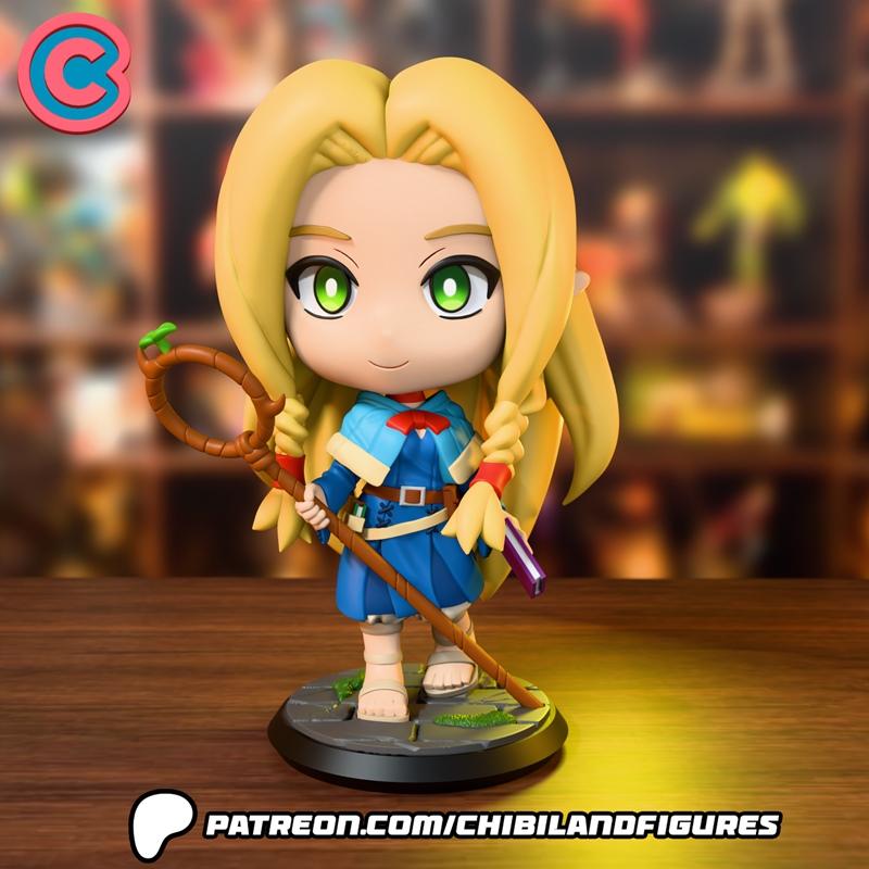 Chibi Marcille from Dungeon Meshi, a blonde elf with green eyes, wearing a blue outfit and holding a staff. 3D printe...