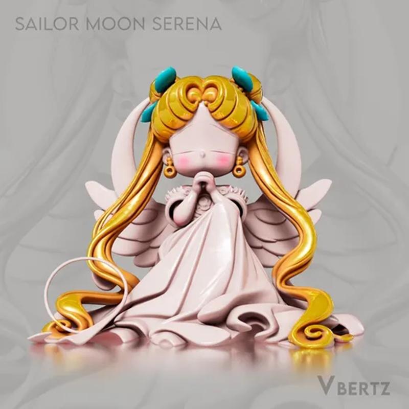 Chibi Serena from Sailor Moon depicted as an angelic figure with wings, praying with hands clasped, long golden hair,...