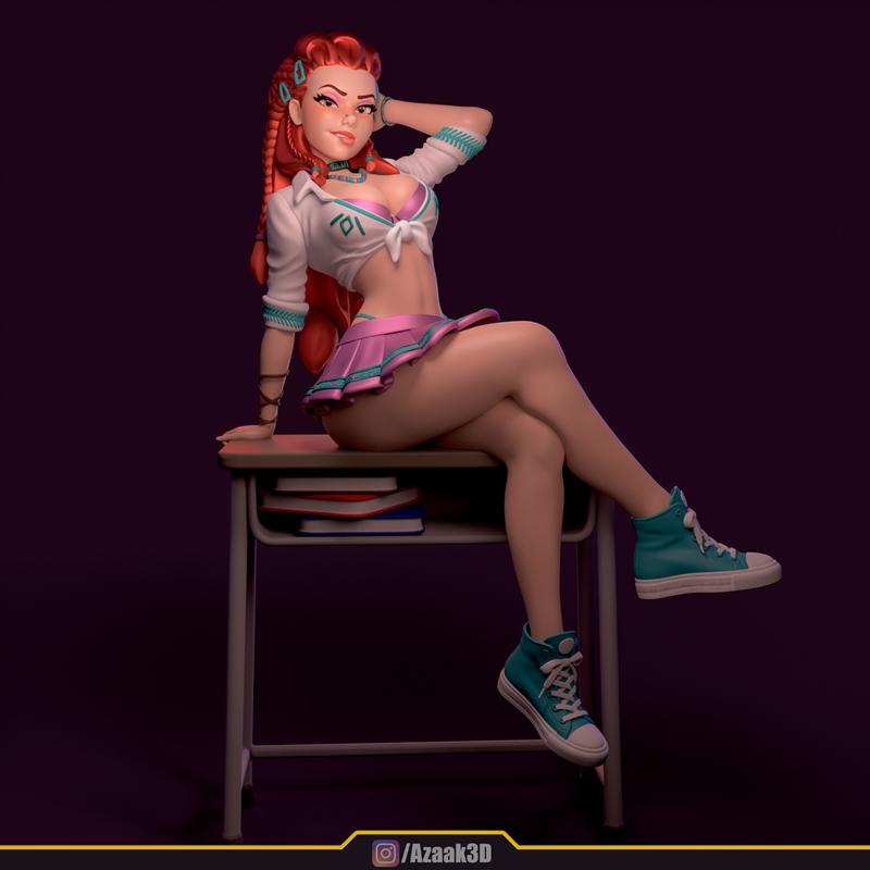 Stylized 3D model of Aloy from Horizon Zero Dawn in a schoolgirl outfit, sitting on a desk, wearing a white tied shir...
