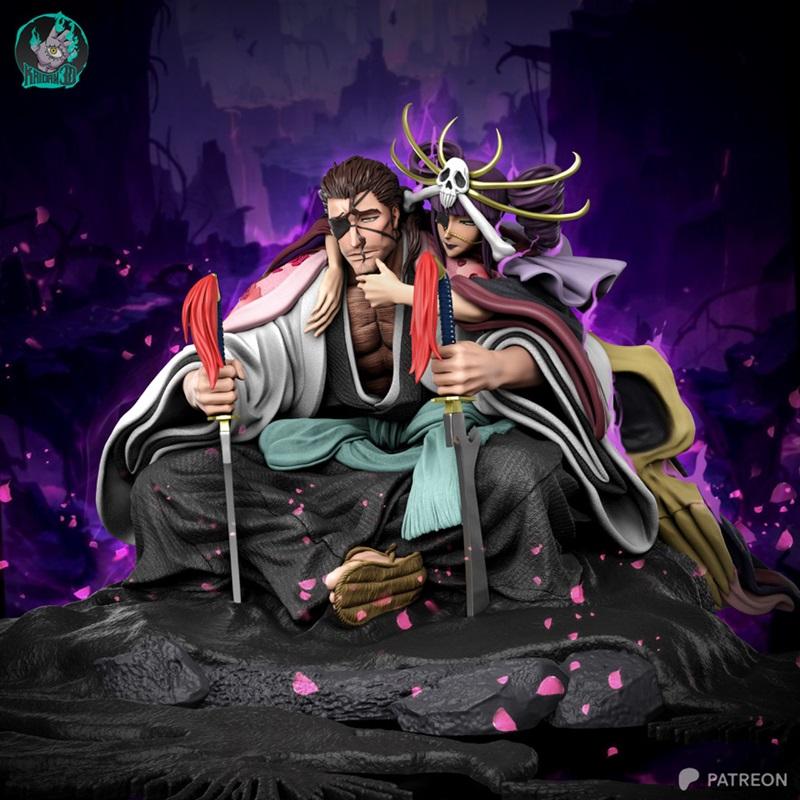 3D model of Shunsui Kyoraku in Bankai from Bleach, seated with a female companion, holding two swords. Intricate deta...